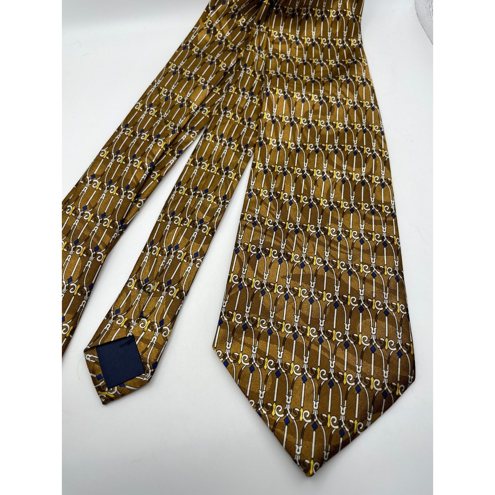 Fratello Hand Made Geometric Silk Blend Tie Bronze Gold Navy Blue Classic Wide